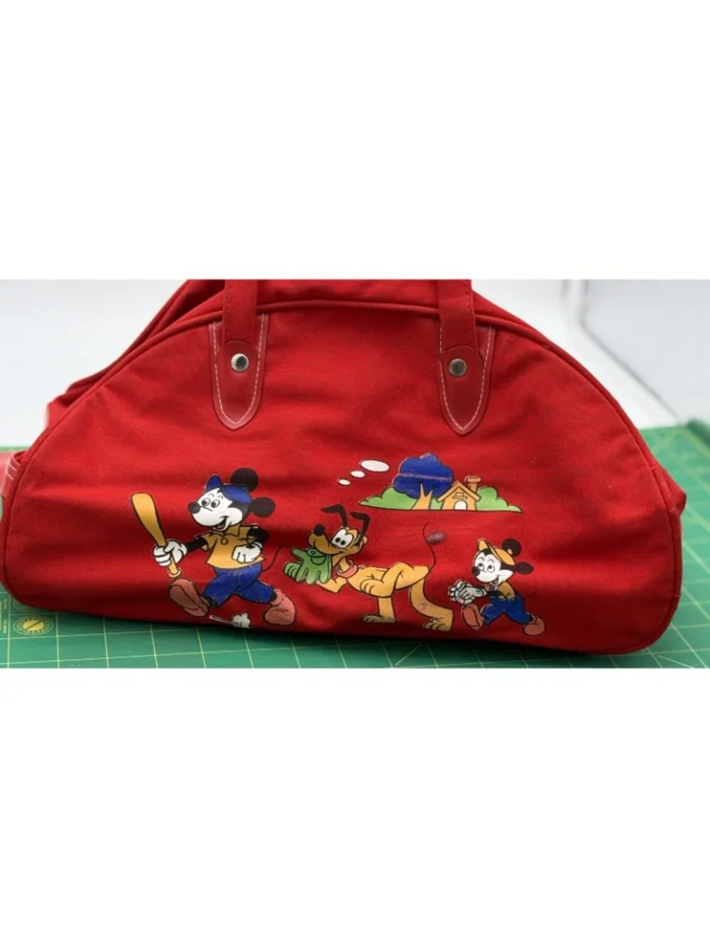 Vintage Walt Disney Productions Mickey Mouse Pluto Nephew Red Duffel Bag